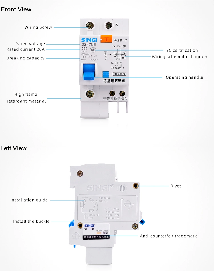 Conventional Breaker Circuit-Breaker Failure Protection Singi Circuit Breakers RCBO Dz47le-63